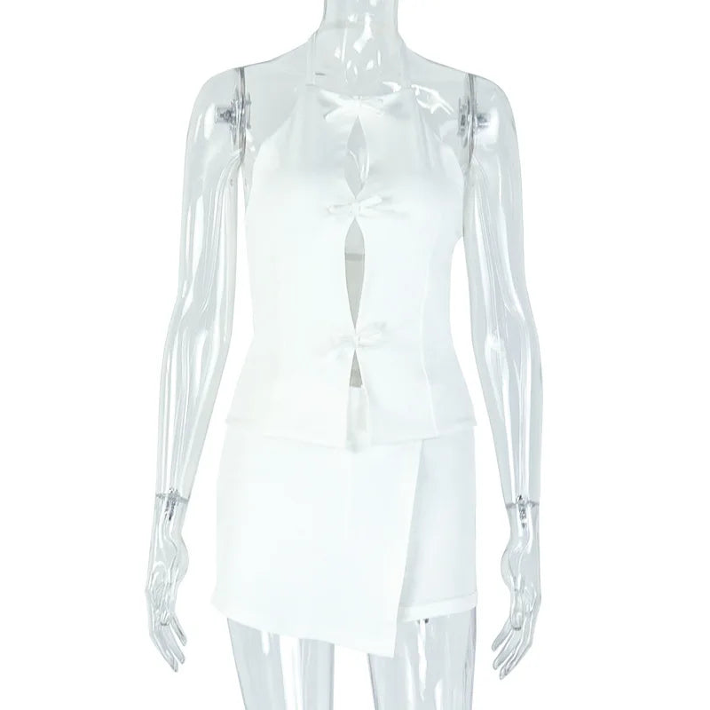 Stylish Lady White Hollow Out 2 Piece Set Women Halter Backless Tops and Irregular Mini Skirts Suits  Summer Elegant Outfits