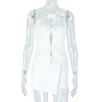 Stylish Lady White Hollow Out 2 Piece Set Women Halter Backless Tops and Irregular Mini Skirts Suits  Summer Elegant Outfits