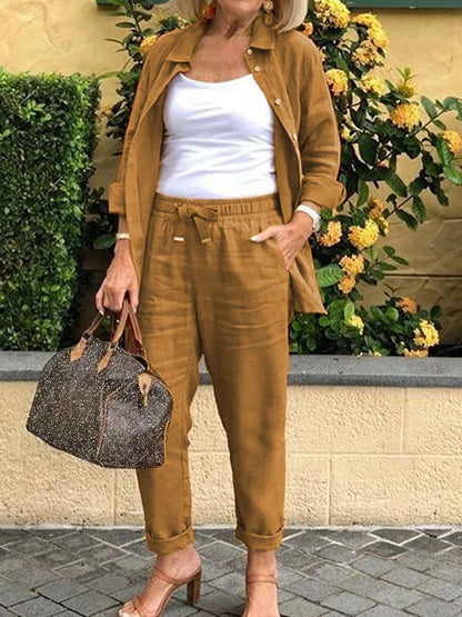 Cotton Linen Set Women Spring Summer Loose Oversize Long Sleeve Shirt Long Pants 2 Piece Sets Casual Office Ladies Trousers Suit