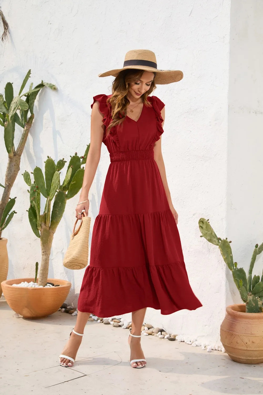 Summer Woman Dress V Neck Sleeveless Red Dresses High Waist A Line Green Maxi Dress Tiered Skirt Boho Black Casual Dress