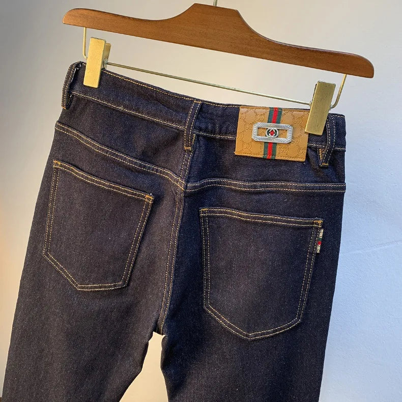 High end light luxury men jeans autumn new item dark blue fashion printed casual straight slim fit cotton washed denim pants