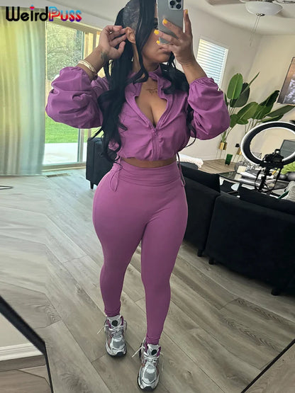 Weird Puss  Autumn Women 2 Piece Set Casual Tracksuit Zipper Thin Drawstring Jacket+Leggings Matching Streetwear Sporty Suit