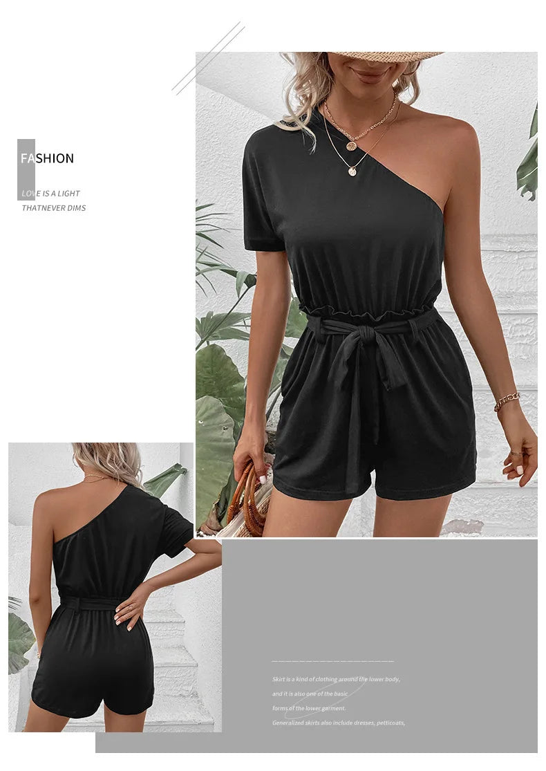 2024 Summer New Women's Casual Single Shoulder Solid Color Jumpsuit Shorts