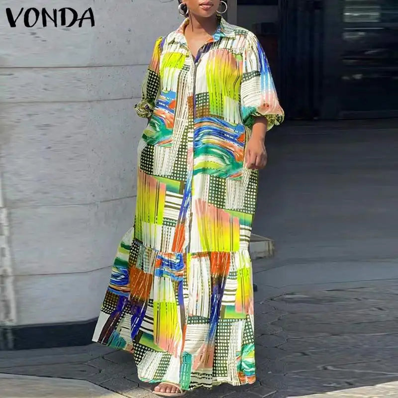 VONDA Plus Size 5XL Bohemian Printed Dress Autumn Women Elegant Long Sleeve Vintage Maxi Sundress Casual Button Loose Party Robe