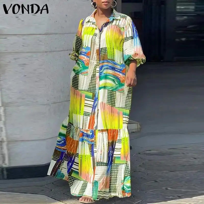 VONDA Plus Size 5XL Bohemian Printed Dress Autumn Women Elegant Long Sleeve Vintage Maxi Sundress Casual Button Loose Party Robe
