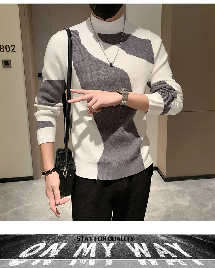 2023 Autumn/Winter Colored Half Turtleneck Sweater Men Long Sleeve Slim Fit Casual Pullover Social Underlying Knitwear Tops