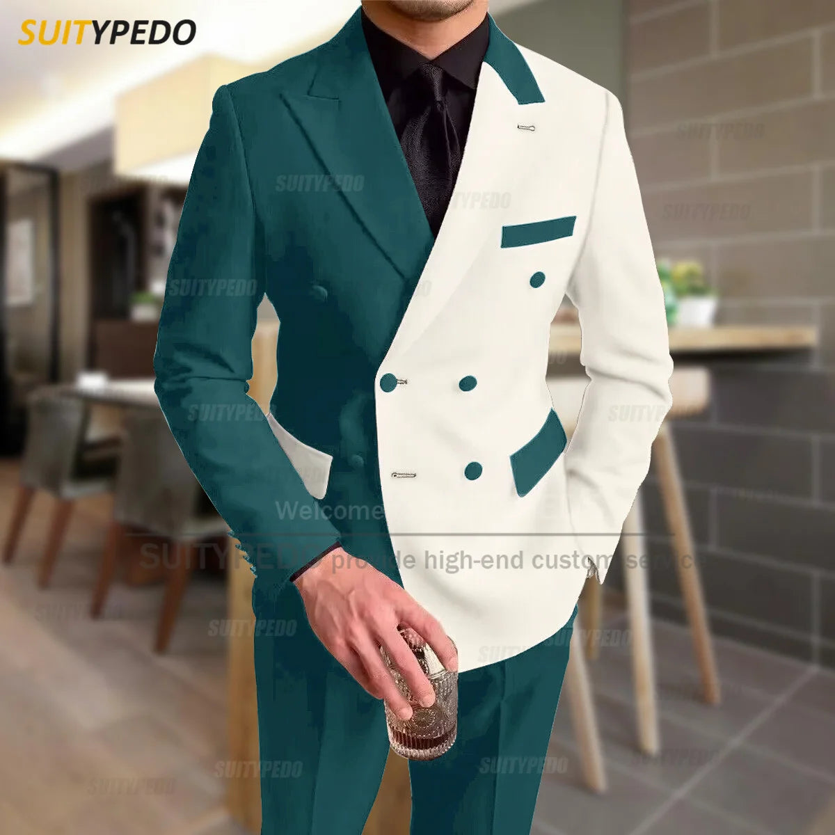 Fashion Black Ivory Splicing Men Suit Casual Party Classic Double Breasted Jacket Evening Dinner Elegant Blazer Pants Outfits