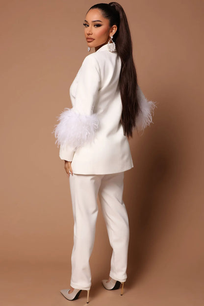 CM.YAYA Vintage Women Fur Hem Long Sleeve Blazer Suit and Pants  Chic OL Fashion Two 2 Piece Set Outfits Basic Tracksuit
