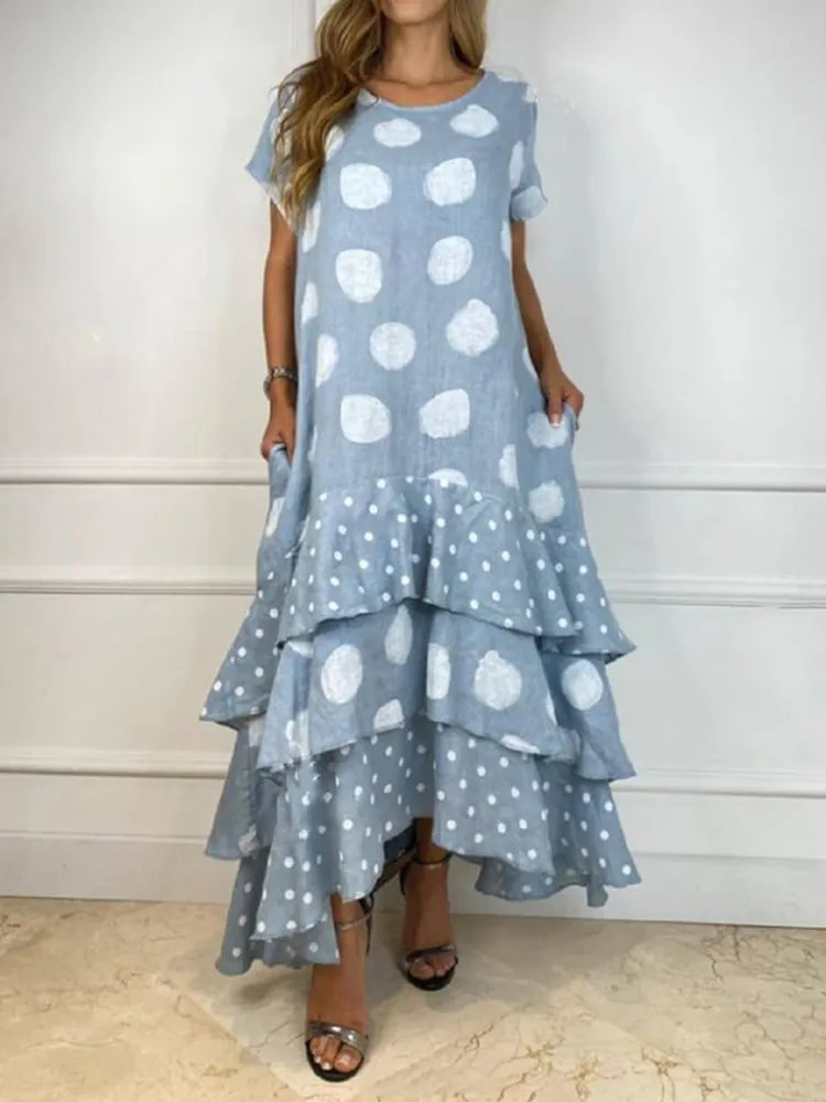 Women Dresses Summer 2022 Sexy O Neck Dot Print Boho Beach Dress Cascading Ruffle Short Sleeve Maxi Dress Wrap Sundress Robe