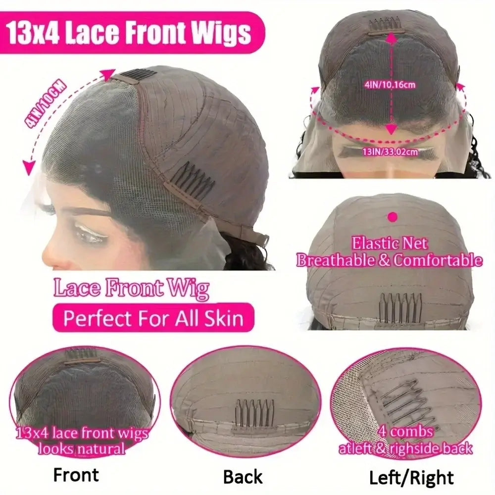 13x4 Lace Front Wigs showing breathable elastic net and combs, perfect for all skin types and designed for natural look.