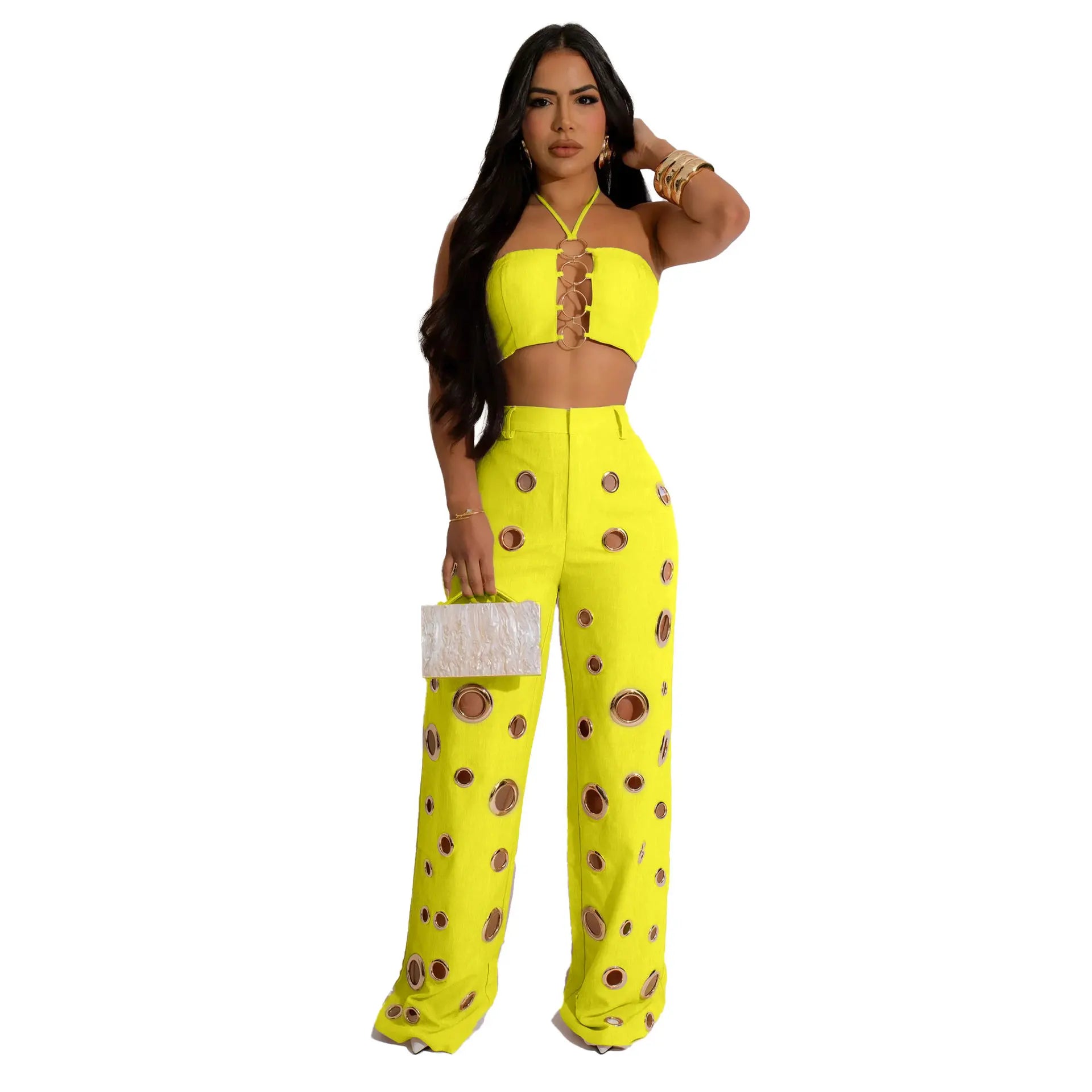 FLARORA Y2k Hole Sequined Wide Leg Pants Streetwear Sexy Solid Halter Sleeveless Backless Tops And Pants Women's Two Pieces Set