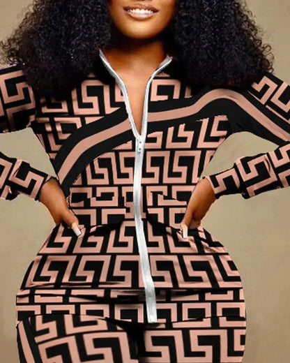 Spring Autumn Two Piece Sets Women Geometric Print Zip Up Top Coat Pants Set Outifits Fashion Tracksuit Casual Elegant Suit