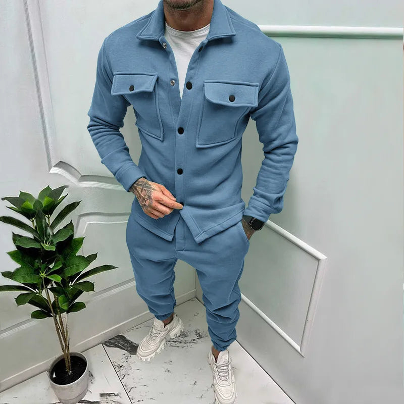 2023 Plus-size Fashion Suit Foreign Trade Trend Men's Fall Button Suede Casual Jacket Pants 2-piece Set  Clothes for Men