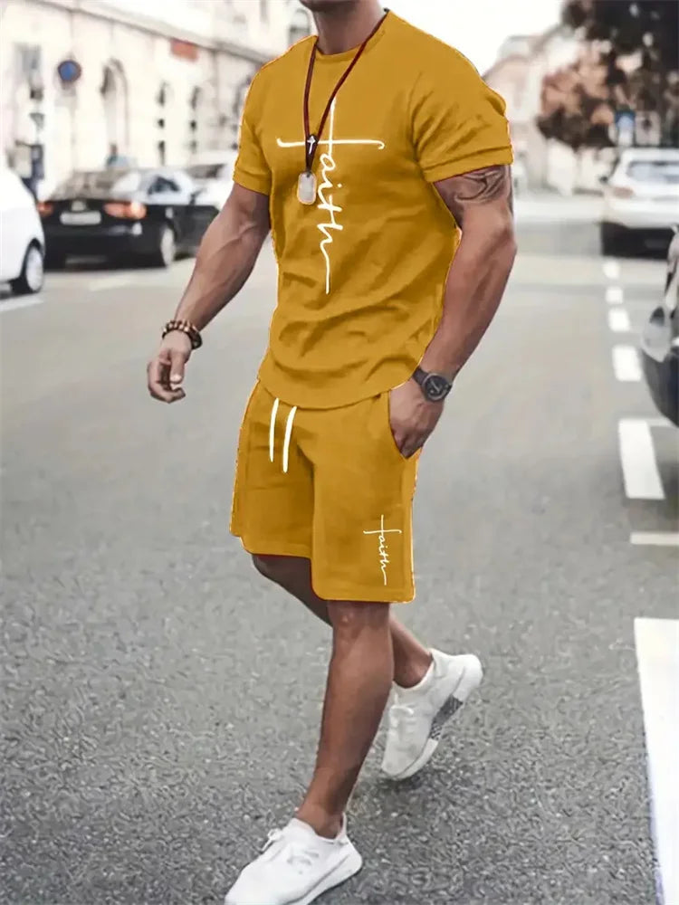 Mens T Shirt Shorts Set Fashion Mens Cross Printed Short Sleeve Two Pieces Oversized Outdoor Beach Sports Men's Plus Size Suit