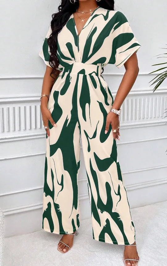 Women Wide Leg Jumpsuit Spring Summer Fashion V Neck Short Sleeve High Waist Full Body Printed Jumpsuits Casual One Pieces