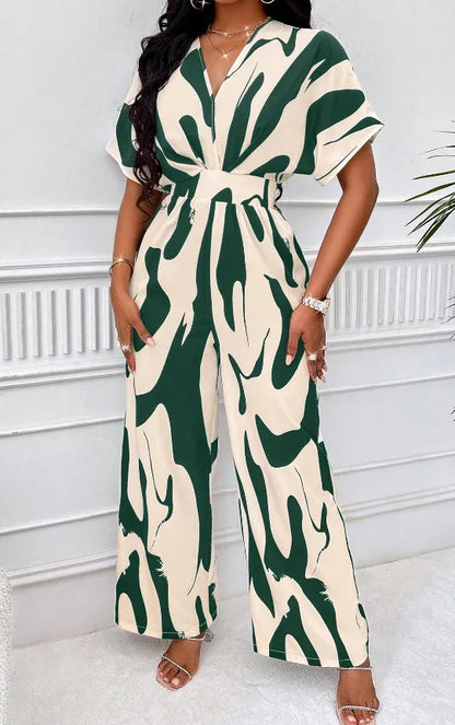 Women Wide Leg Jumpsuit Spring Summer Fashion V Neck Short Sleeve High Waist Full Body Printed Jumpsuits Casual One Pieces