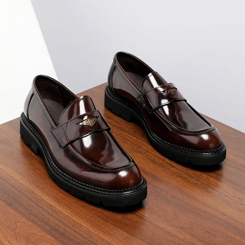 Men's Genuine Leather Height Increasing Loafers Summer Bright Finish British Style Thick Sole Business Casual Dress Shoes