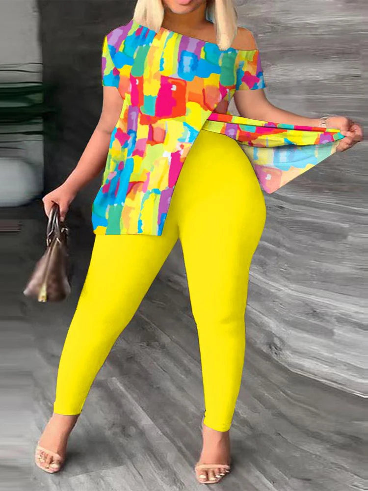 2023 New Set of Two Fashion Pieces for Women Plus Size Faith Geometric Print Split Hem Top & Pants Set Daily Tracksuit