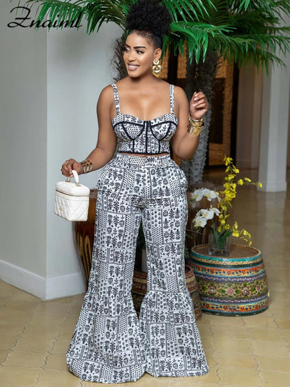 Znaiml Sexy Spaghetti Strap Backless Crop Top and Flare Pants 2 Pieces Set Woman Fashion Black White Print African Outfits