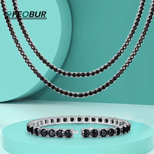 GRA Certified 4mm 5mm 6.5mm Black Diamond Moissanite Tennis Necklace Bracelet 925 Sterling Silver Jewelry Sets for Women Men