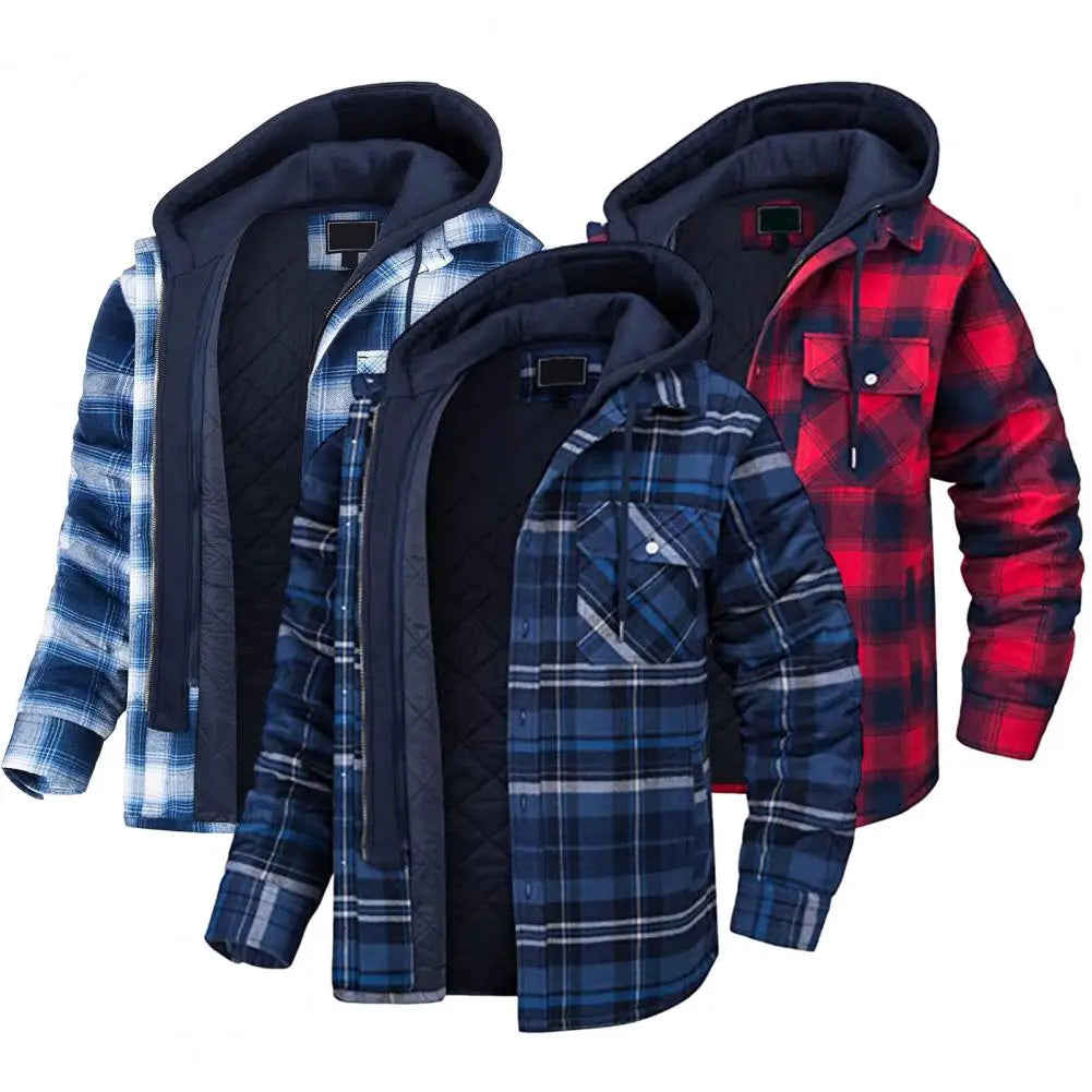 Winter Men's Hooded Jacket Drawcord Fashion Men's Thickened Hooded Cotton Windproof Jacket Plaid Shirt Casual Jacket Travel Jack