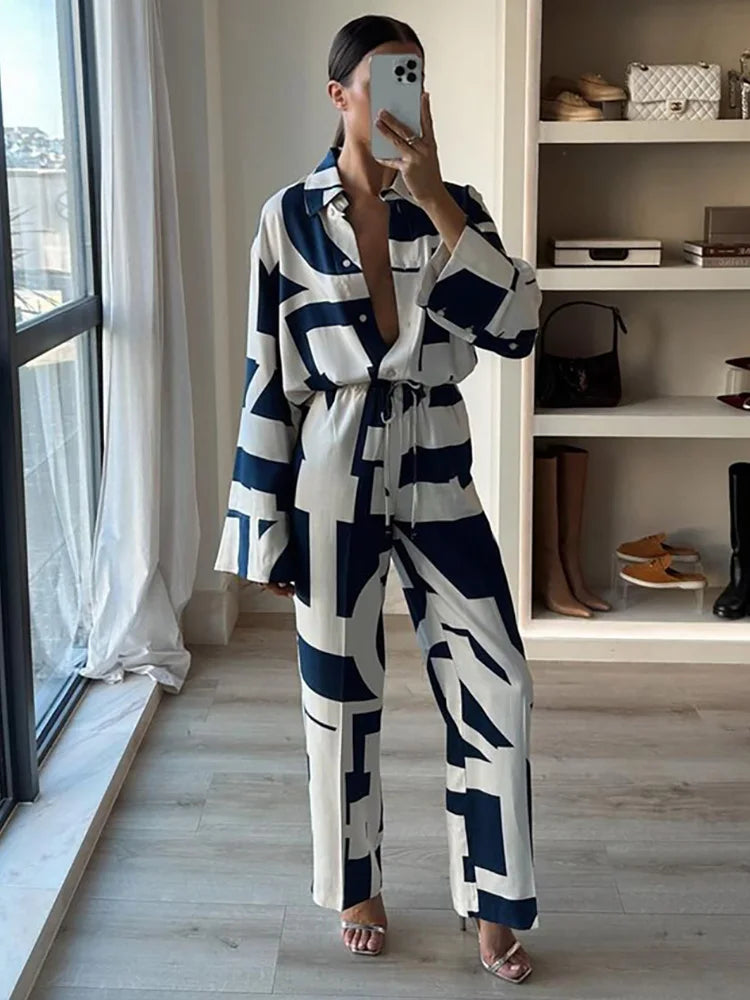 2024 Fashion Geometric Print Two Piece Sets For Women Long Sleeve Shirt And Wide Leg Trousers New In Matching Sets Co Ord Outfit