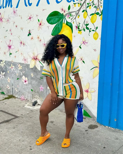 CM.YAYA Women's Set Striped Knitted Short Sleeve Button Shirt and Shorts  Summer Two 2 Piece Set Outfit Ribbed Tracksuit