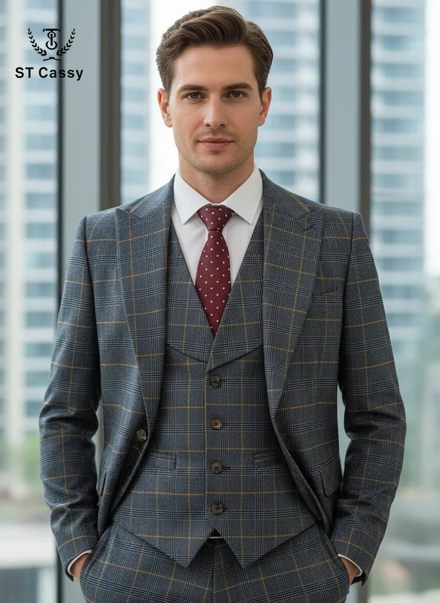 ST Cassy Hochwertiger 3-teiliger karierter Anzug für Herren, stilvolles Business-Büro-Hochzeits-Formelles-Outfit, eleganter Herrenanzug