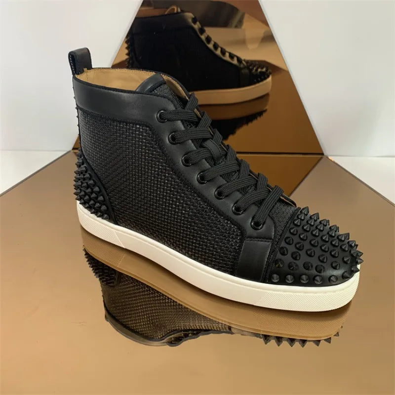 Men's Shoes, Rivet Shoes, Designer Luxury Shoes, Breathable Woven High-top Casual Board Shoes with Red Soles for Men and Women