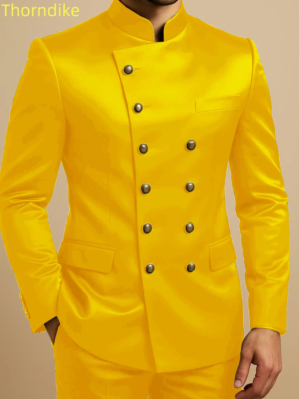 Thorndike Affrica Style Casual Stand Collar Satin Double Breasted Jacket Pants Business Men Suit Elegant Groom Wedding Suits