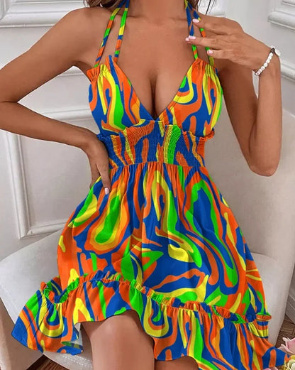 Sexy Deep V Neck Tank Top Women's Clothing Open Back Parallel Wrinkle Dress European And American Cross-border Popular Dress