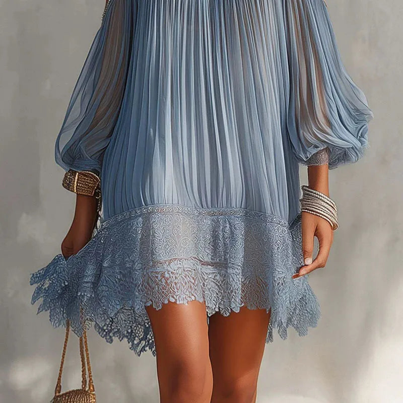 Elegant Trim Sheer Halter Mini Dress Off Shoulder Lantern Sleeve Pleated Mesh Ruffle Loose Short Dress Resort Guest Prom Dresses