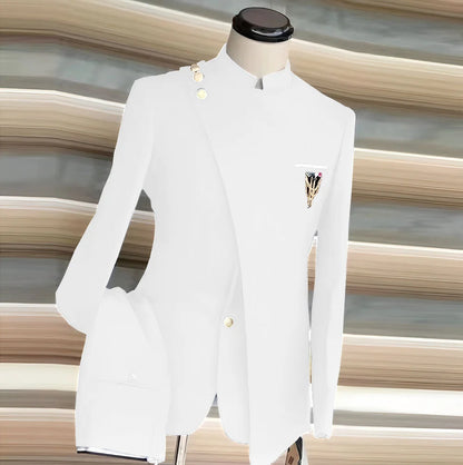 African Style Men's Suit 2 Piece Set Single Breasted Blazer Groom Wedding Tuxedo Gold Button Design Formal Jacket Pants 2 Piece