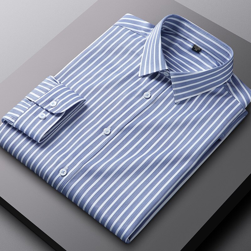 High Quality Stripe Stretch Anti-Wrinkle Non-iron Men Shirts Long Sleeve Dress Shirts Male Slim Social Business Casual Shirt