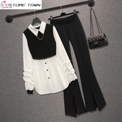 New Summer Pleated Chiffon Shirt Blazer Casual Flared Pants Two-piece Elegant Women's Pants Suit Street Outfits for