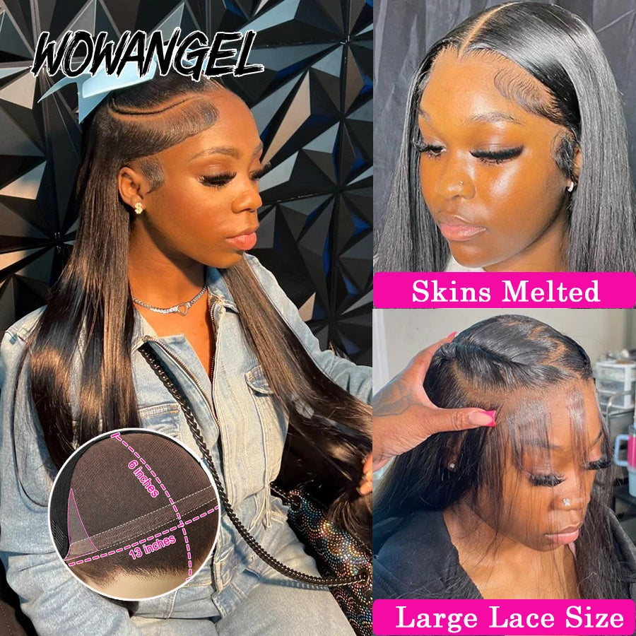 WowAngel 250% Verbesserte 13x6 HD Lace Full Frontal Wigs Glueless Glatte Echthaarperücken Vorgezupfte Natürliche Kopfhaut Brasilianisches Haar
