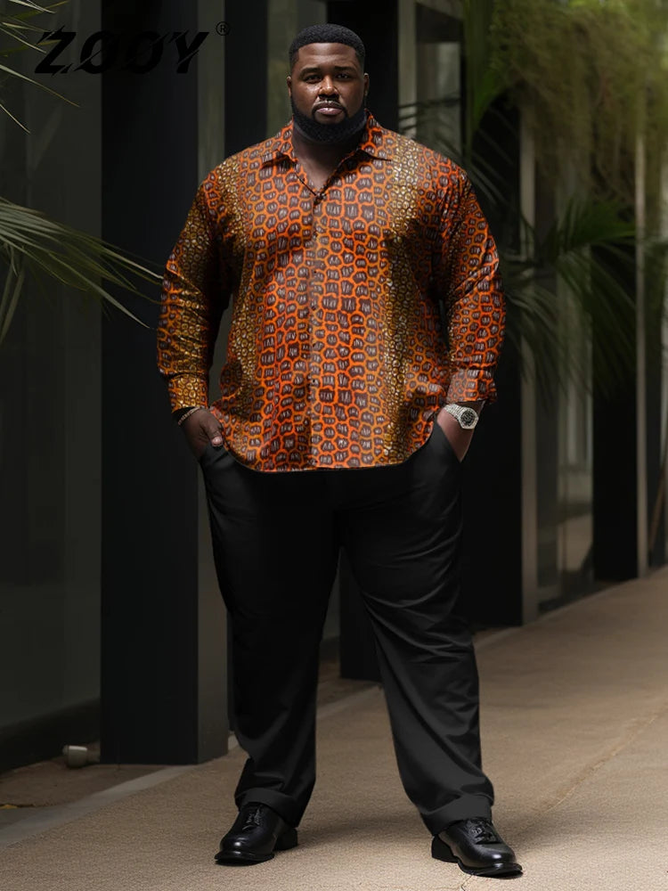 ZOOY (L-9XL) Plus Size Men's Motorcycle Stripe Color Matching Retro Totem Pattern Long-Sleeved Shirt Straight Pants Suit