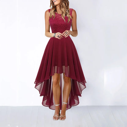 Spring Summer  Hollow out Waist Cinched Lace Evening Dress Midi Skirt Sleeveless round Neck Polyester Fabric Empire Waist