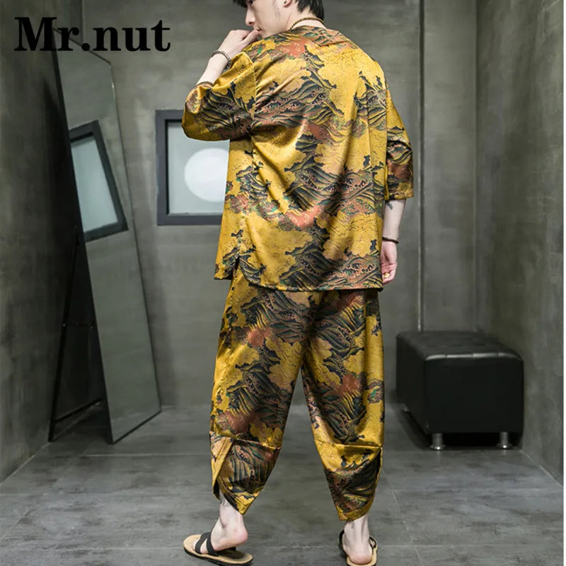 Mr.nut Summer Ice Silk Men's Tang Suit Two Piece Set T Shirt Harem Pants Clothing Women Stylish Vacation Cool Clothes Streetwear