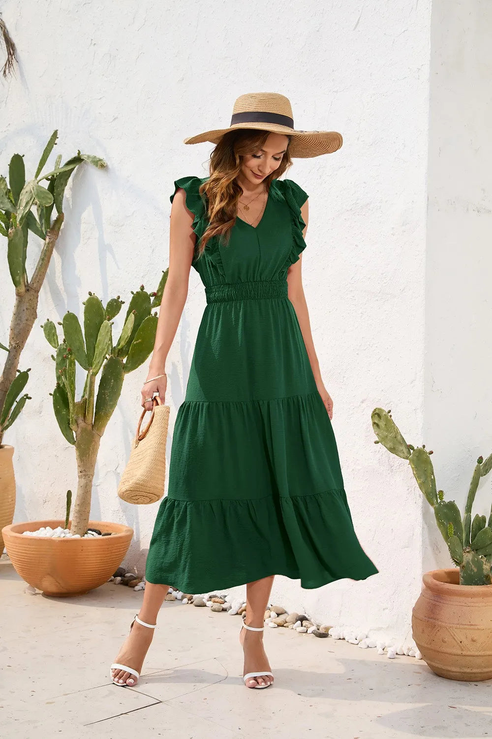 Summer Woman Dress V Neck Sleeveless Red Dresses High Waist A Line Green Maxi Dress Tiered Skirt Boho Black Casual Dress