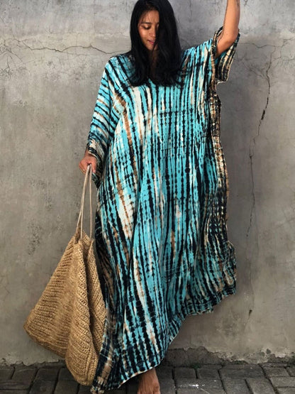 Bohemian Printed V-neck Batwing Sleeve Side Split Loose Dress For Women Clothes Plus Size Beachwear Maxi Dresses Q1218