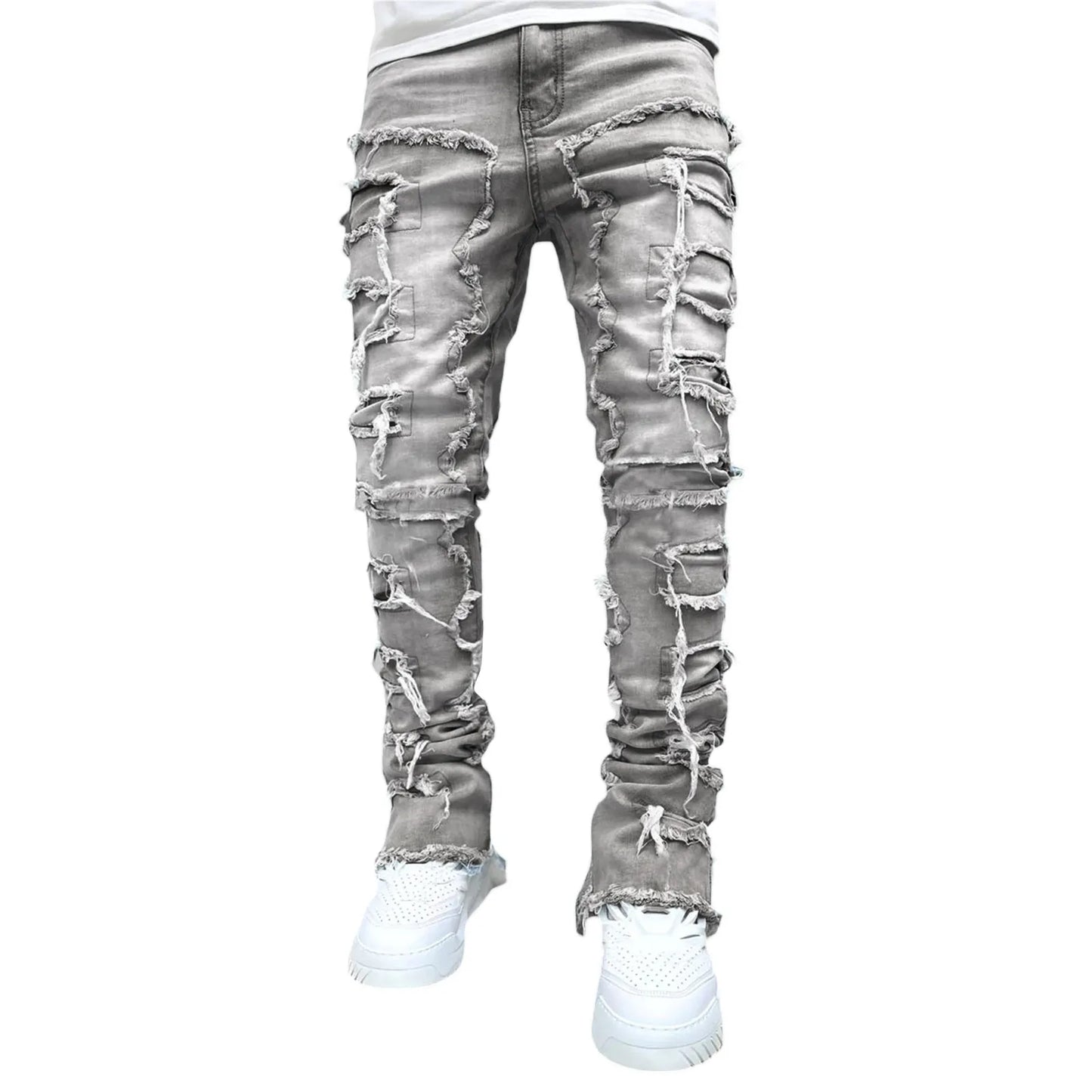 New European Camo Pants Men High Street Slim Fit Stretch Patched Denim Ripped Male's Stacked Jeans