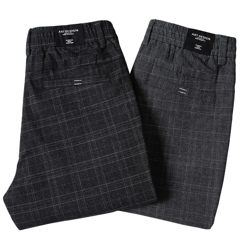 Noi pantaloni casual pentru bărbați în carouri, ocazional de afaceri, slim fit, gri închis, pantaloni elastici în stil clasic, haine de marcă masculină, modă de stradă