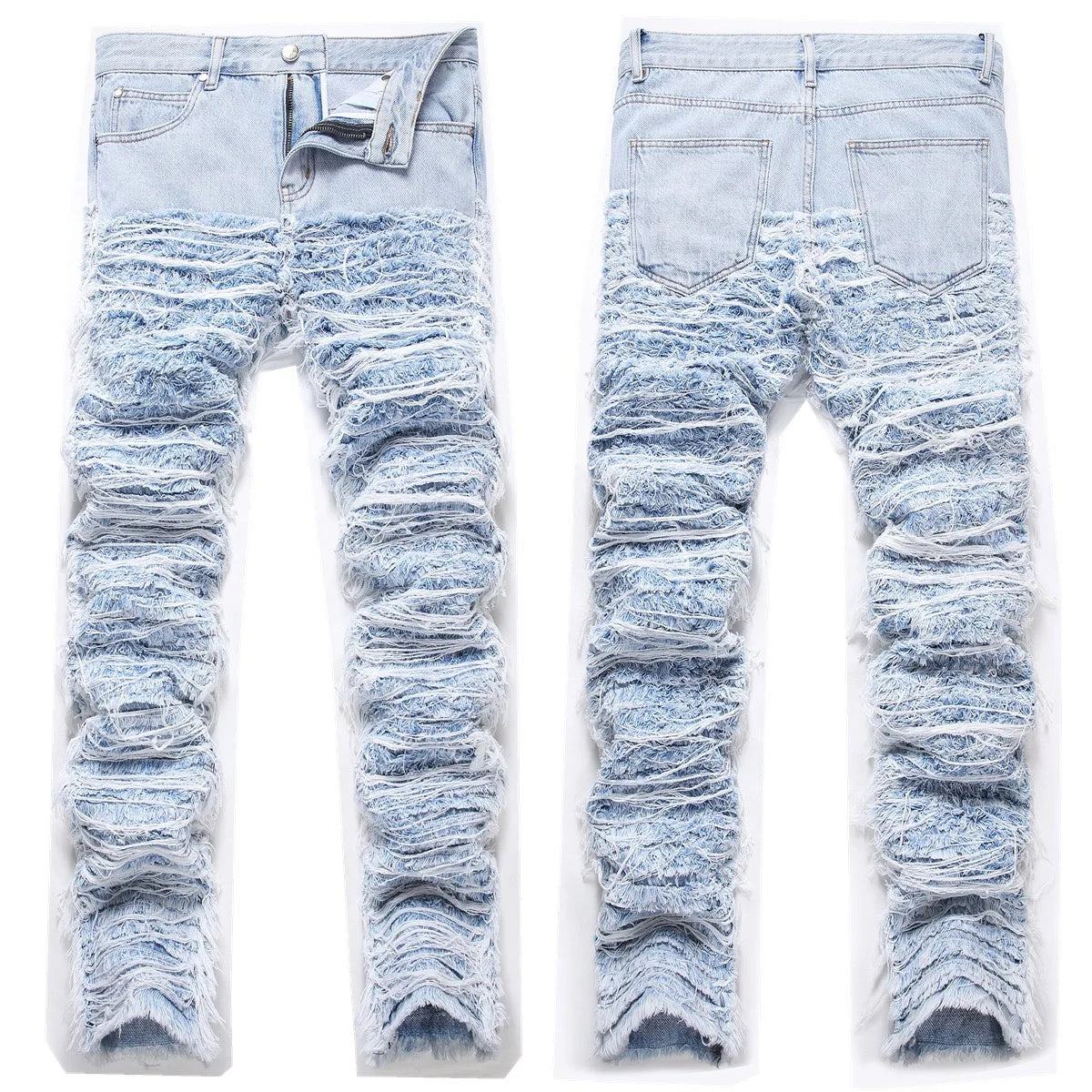 European Heavy Industrial Men Stacked Jeans Non-stretchy Straight Pants Frayed Tassel Denim Bottoms