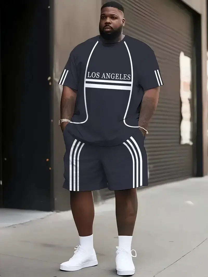 Denim Grafik T-Shirt und Shorts 2-teiliges Set 2025 Übergrößen Herrenbekleidung Lässige Loose Shorts mit Kordelzug in der Taille Kurzarm-Oberteil