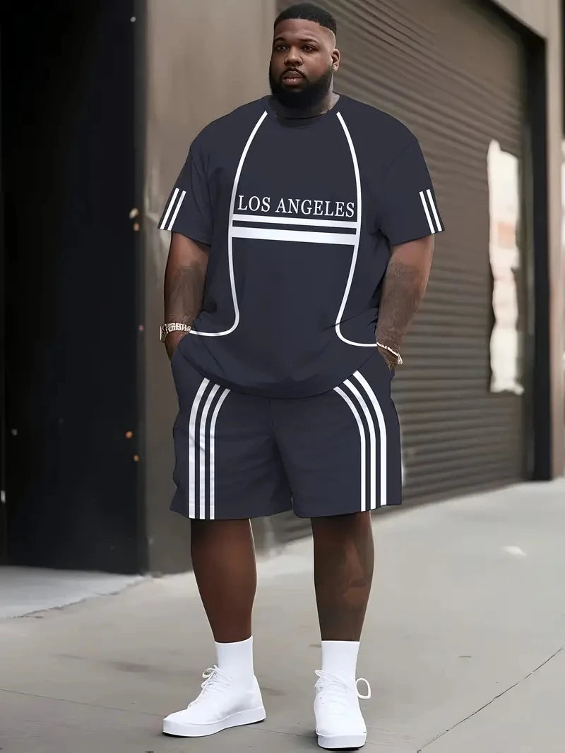 Denim Graphic T-shirt And Shorts 2-piece Set 2025 Plus Size Men's Clothing Casual Loose Drawstring Waist Shorts Short Sleeve Top