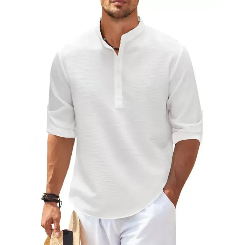 Cotton Linen Hot Sale Men's Long-Sleeved Shirts Spring Autumn Solid Color Stand-Up Collar Casual Beach Style Plus Size S-5XL