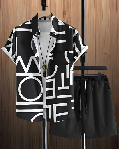 Comfortable Coconut trees leaves color blocking 3D Print shirt +Shorts Two Piece Set Short Sleeve Flip collar shirts half pants