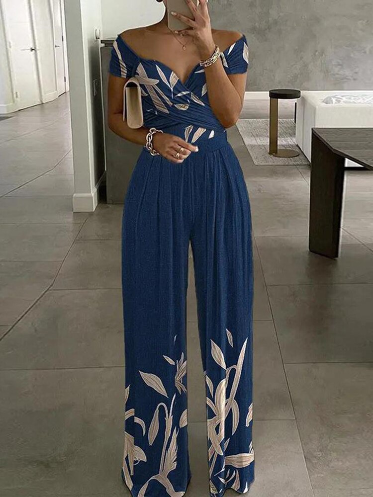 Sexy Outfit Off Shoulder Print Wide Leg Jumpsuit Women 2023 Summer Casual Boho Casual High Waist Jumpsuits Clothes Overalls