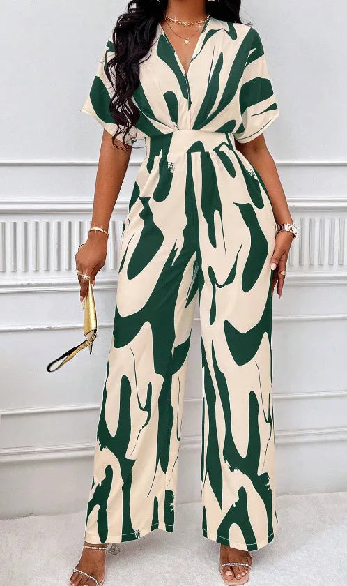 Women Wide Leg Jumpsuit Spring Summer Fashion V Neck Short Sleeve High Waist Full Body Printed Jumpsuits Casual One Pieces